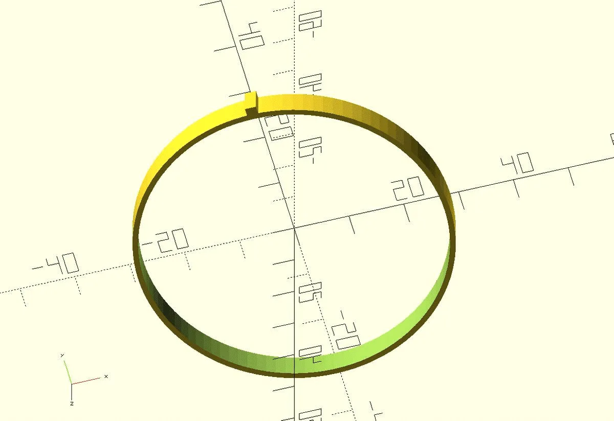 OpenSCAD render of the faucet ring: a flat ring with a small tab