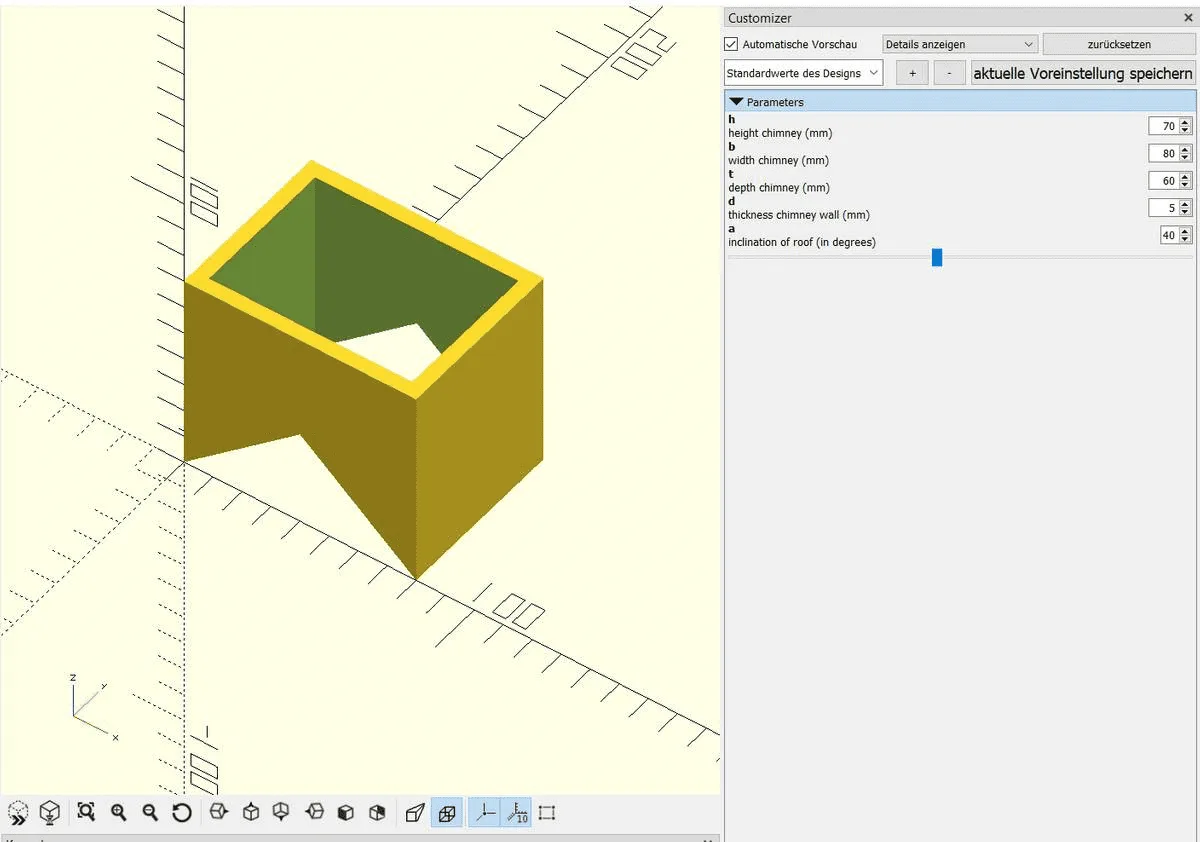 OpenSCAD render of a dollhouse chimney with a roof slope cut out