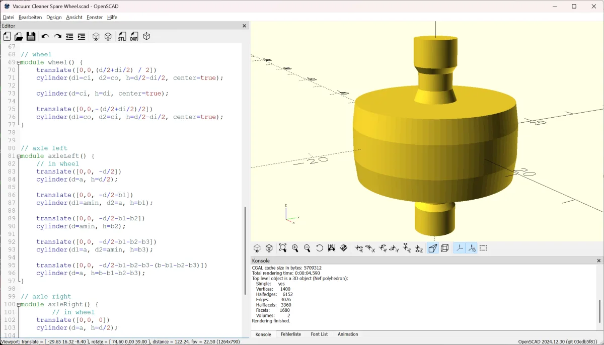 OpenSCAD render of the vacuum spare wheel: a crowned wheel with two stepped axle stubs